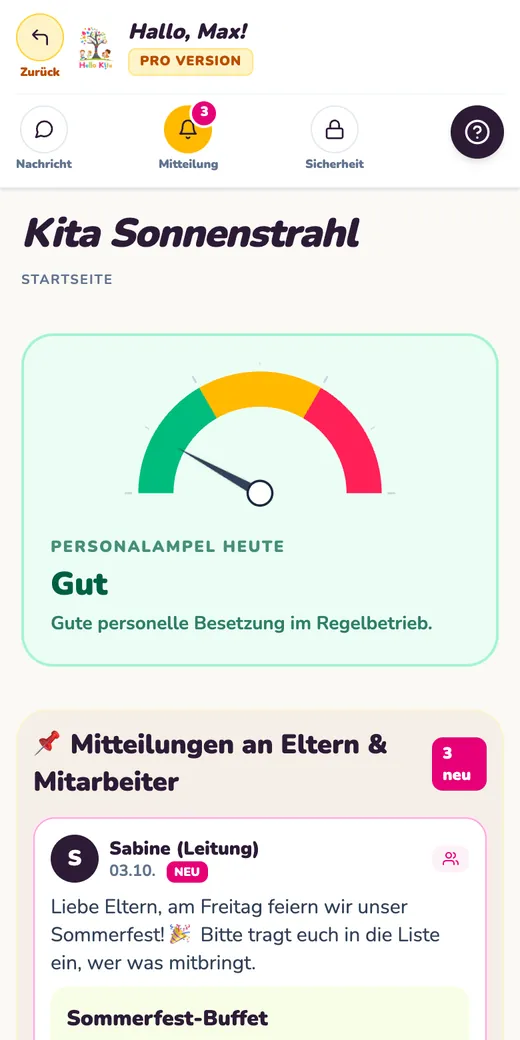 Startseite von Hello Kita mit der Personalampel auf Gut und Mitteilungen an Eltern, Testdaten