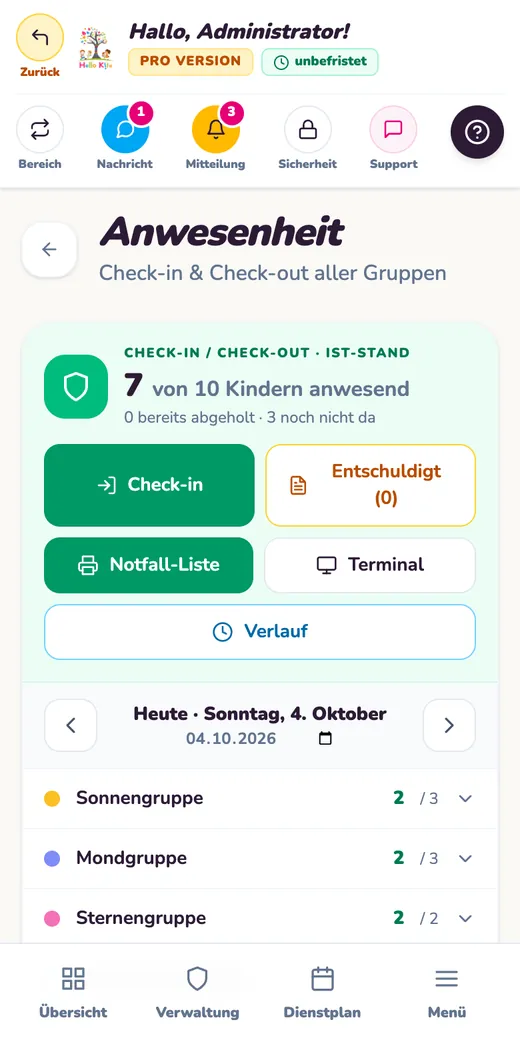 Bildschirm Check in und Anwesenheit mit sieben von zehn Kindern anwesend, Testdaten