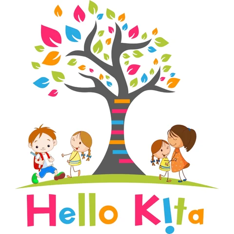 Hello Kita Logo: ein bunter Baum, spielende Kinder und der Schriftzug Hello Kita