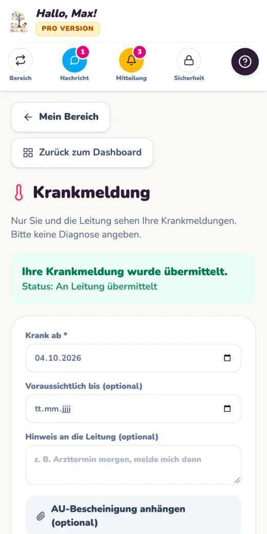 Bildschirm digitale Krankmeldung für Mitarbeiter, Testdaten